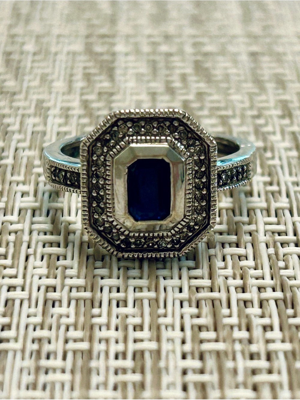 Sterling Silver Art Deco Blue Sapphire Halo Ring with diamond accents